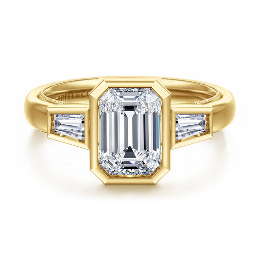 14K Yellow Gold Emerald Cut Three Stone Bezel Set Diamond Engagement Ring — Gabriel & Co. ER17014E8Y43JJ; center stone shown for illustration, not included