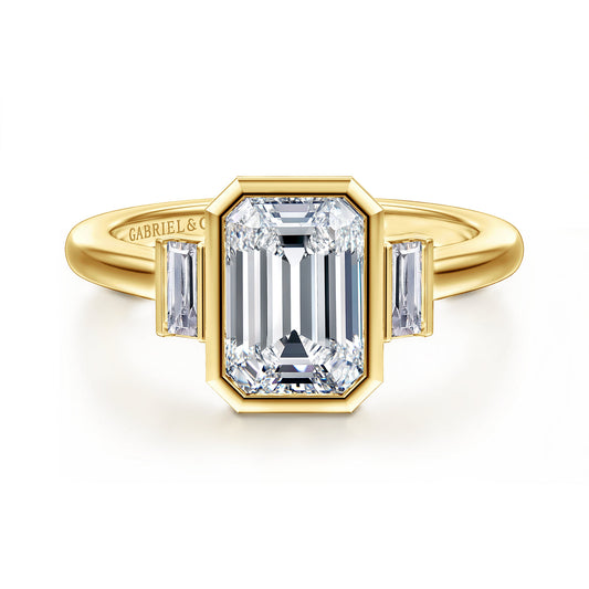 14K Yellow Gold Emerald Cut Three Stone Bezel Set Diamond Engagement Ring — Gabriel & Co. ER17016E8Y43JJ; center stone shown for illustration, not included