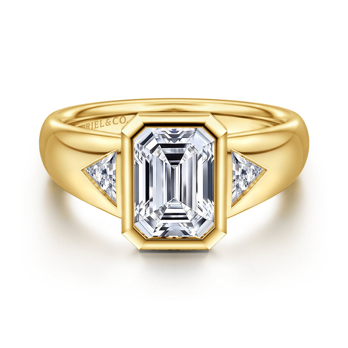 14K Yellow Gold Emerald Cut Three Stone Bezel Set Diamond Engagement Ring — Gabriel & Co. ER17017E8Y43JJ; center stone shown for illustration, not included