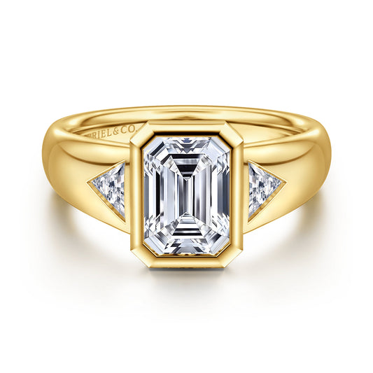 14K Yellow Gold Emerald Cut Three Stone Bezel Set Diamond Engagement Ring — Gabriel & Co. ER17017E8Y43JJ; center stone shown for illustration, not included