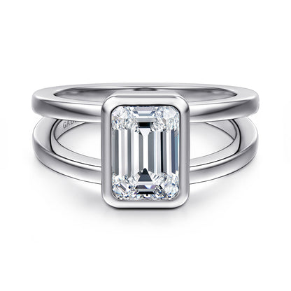 14K White Gold Emerald Cut Split Shank Bezel Solitaire Diamond Engagement Ring — Gabriel & Co. ER17018E8W4JJJ; center stone shown for illustration, not included