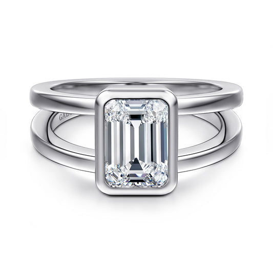 14K White Gold Emerald Cut Split Shank Bezel Solitaire Diamond Engagement Ring — Gabriel & Co. ER17018E8W4JJJ; center stone shown for illustration, not included