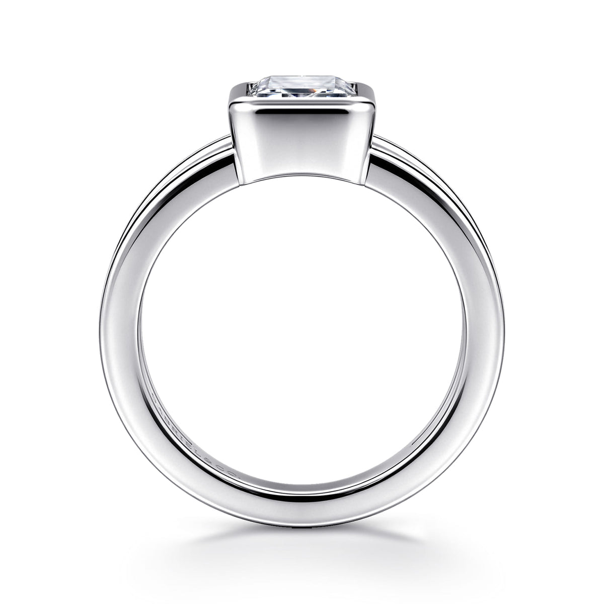 14K White Gold Emerald Cut Split Shank Bezel Solitaire Diamond Engagement Ring — Gabriel & Co. ER17018E8W4JJJ; center stone shown for illustration, not included