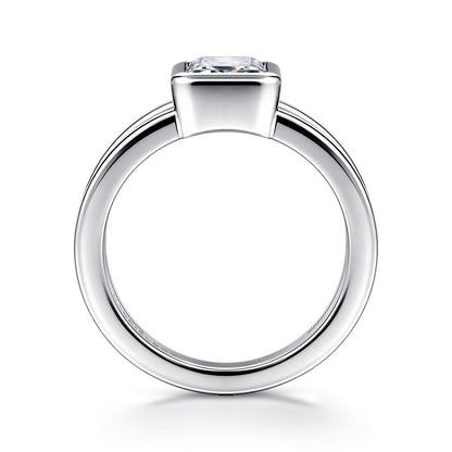 14K White Gold Emerald Cut Split Shank Bezel Solitaire Diamond Engagement Ring — Gabriel & Co. ER17018E8W4JJJ; center stone shown for illustration, not included