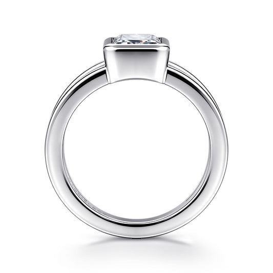 14K White Gold Emerald Cut Split Shank Bezel Solitaire Diamond Engagement Ring — Gabriel & Co. ER17018E8W4JJJ; center stone shown for illustration, not included