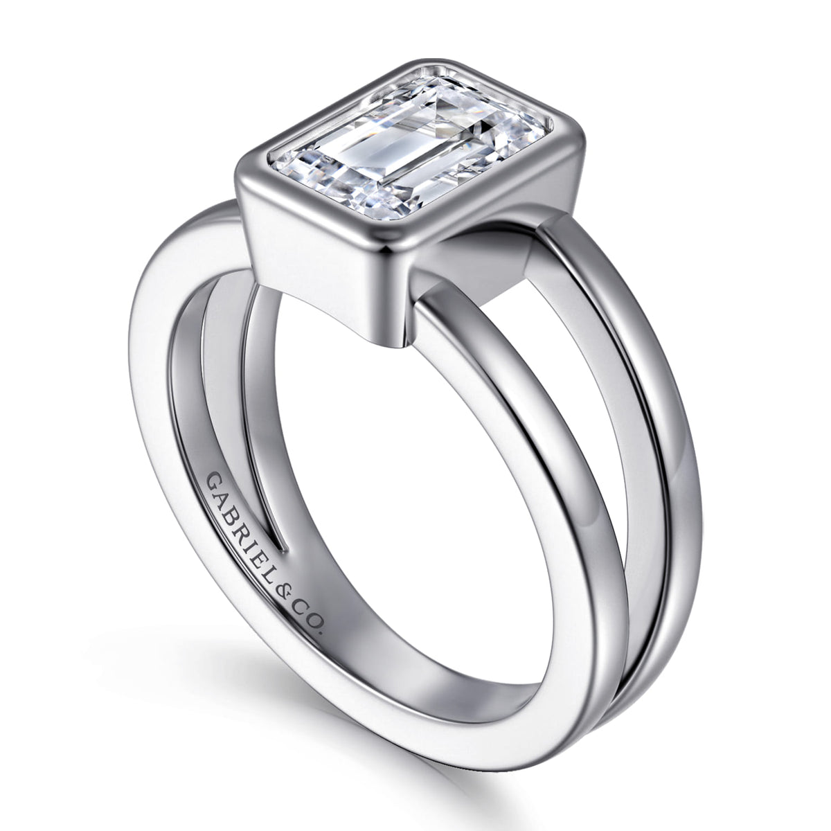 14K White Gold Emerald Cut Split Shank Bezel Solitaire Diamond Engagement Ring — Gabriel & Co. ER17018E8W4JJJ; center stone shown for illustration, not included