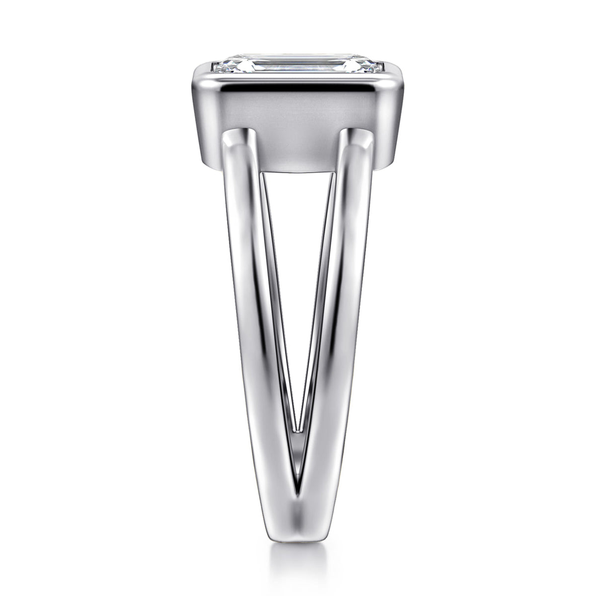 14K White Gold Emerald Cut Split Shank Bezel Solitaire Diamond Engagement Ring — Gabriel & Co. ER17018E8W4JJJ; center stone shown for illustration, not included
