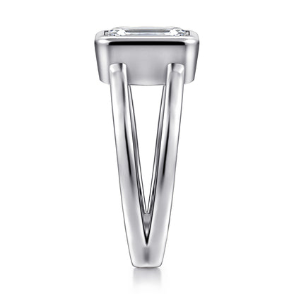 14K White Gold Emerald Cut Split Shank Bezel Solitaire Diamond Engagement Ring — Gabriel & Co. ER17018E8W4JJJ; center stone shown for illustration, not included