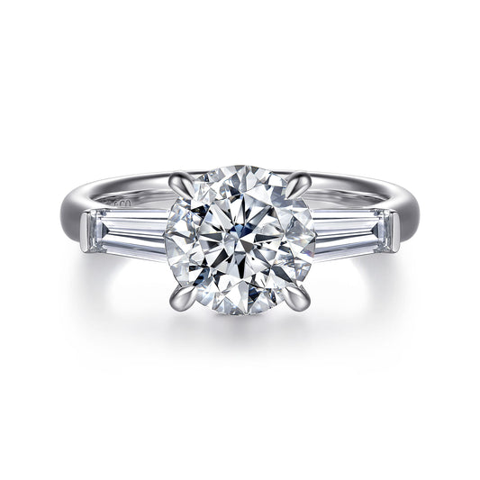 14K White Gold Round Three Stone Diamond Engagement Ring — Gabriel & Co. ER17022R8W43JJ; center stone shown for illustration, not included