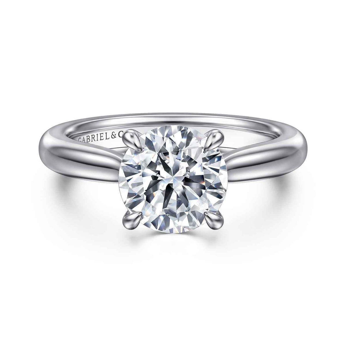 Platinum Round Solitaire Diamond Engagement Ring — Gabriel & Co. ER17023R8PTJJJ; center stone shown for illustration, not included