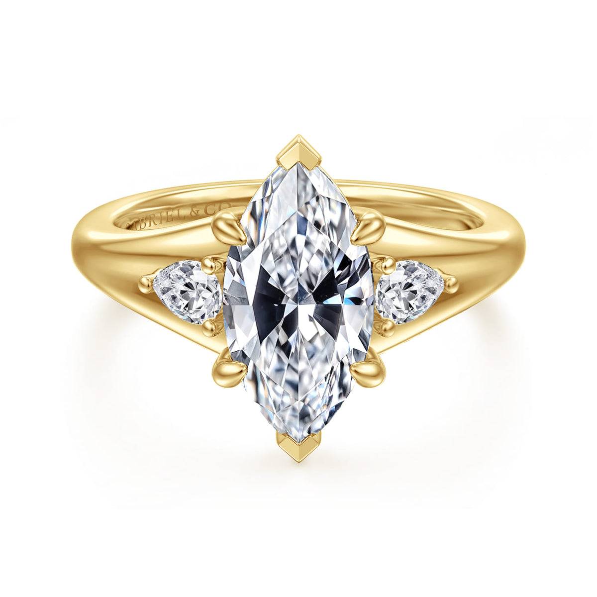14K Yellow Gold Marquise Shape Three Stone Diamond Engagement Ring — Gabriel & Co. ER17026M8Y44JJ; center stone shown for illustration, not included