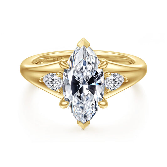 14K Yellow Gold Marquise Shape Three Stone Diamond Engagement Ring — Gabriel & Co. ER17026M8Y44JJ; center stone shown for illustration, not included