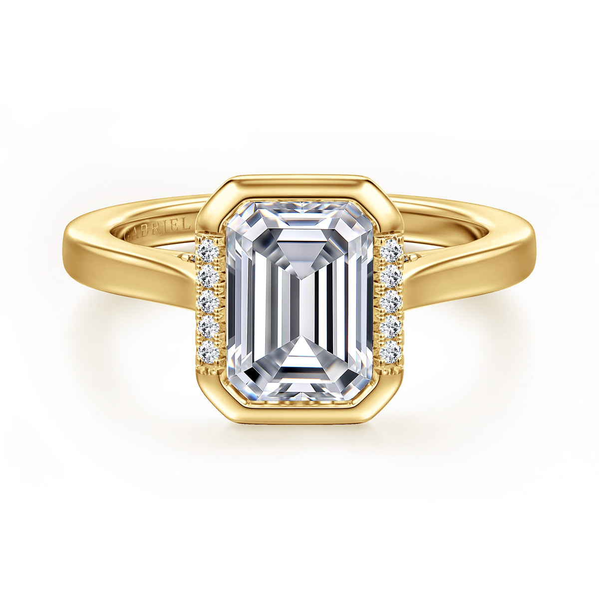 14K Yellow Gold Bezel Set Emerald Cut Diamond Engagement Ring — Gabriel & Co. ER17027E8Y44JJ; center stone shown for illustration, not included