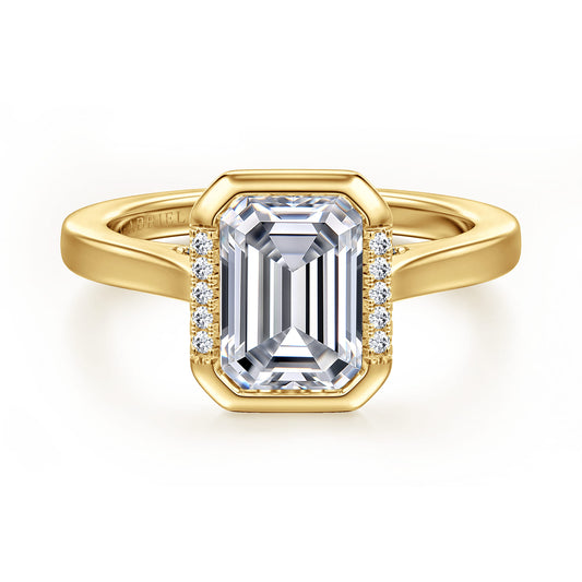 14K Yellow Gold Bezel Set Emerald Cut Diamond Engagement Ring — Gabriel & Co. ER17027E8Y44JJ; center stone shown for illustration, not included