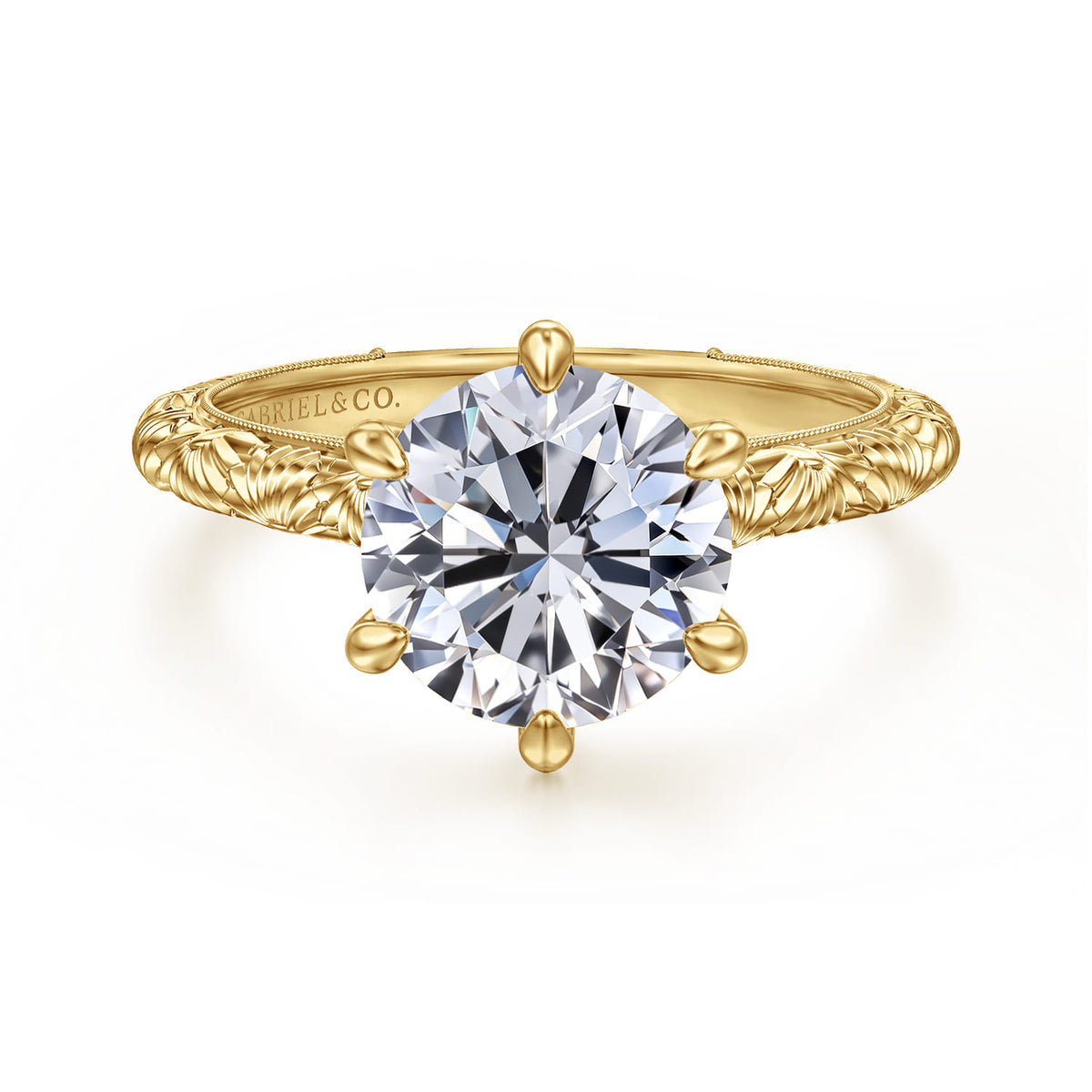 14K Yellow Gold Round Solitaire Diamond Engagement Ring — Gabriel & Co. ER17029R10Y4JJJ; center stone shown for illustration, not included