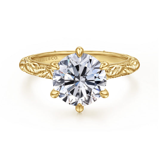 14K Yellow Gold Round Solitaire Diamond Engagement Ring — Gabriel & Co. ER17029R10Y4JJJ; center stone shown for illustration, not included