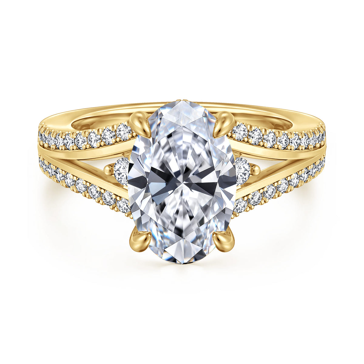14K Yellow Gold Split Shank Oval Three Stone Diamond Engagement Ring — Gabriel & Co. ER17030O12Y44JJ; center stone shown for illustration, not included