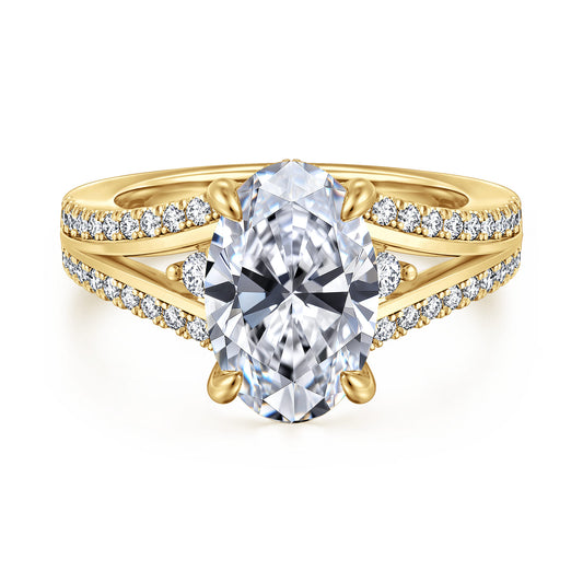 14K Yellow Gold Split Shank Oval Three Stone Diamond Engagement Ring — Gabriel & Co. ER17030O12Y44JJ; center stone shown for illustration, not included