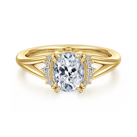 14K Yellow Gold Split Shank Elongated Cushion Diamond Engagement Ring — Gabriel & Co. ER17031G6Y44JJ; center stone shown for illustration, not included