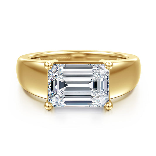 14K Yellow Gold Emerald Cut East West Wide Band Solitaire Diamond Engagement Ring — Gabriel & Co. ER17094E13Y4JJJ; center stone shown for illustration, not included