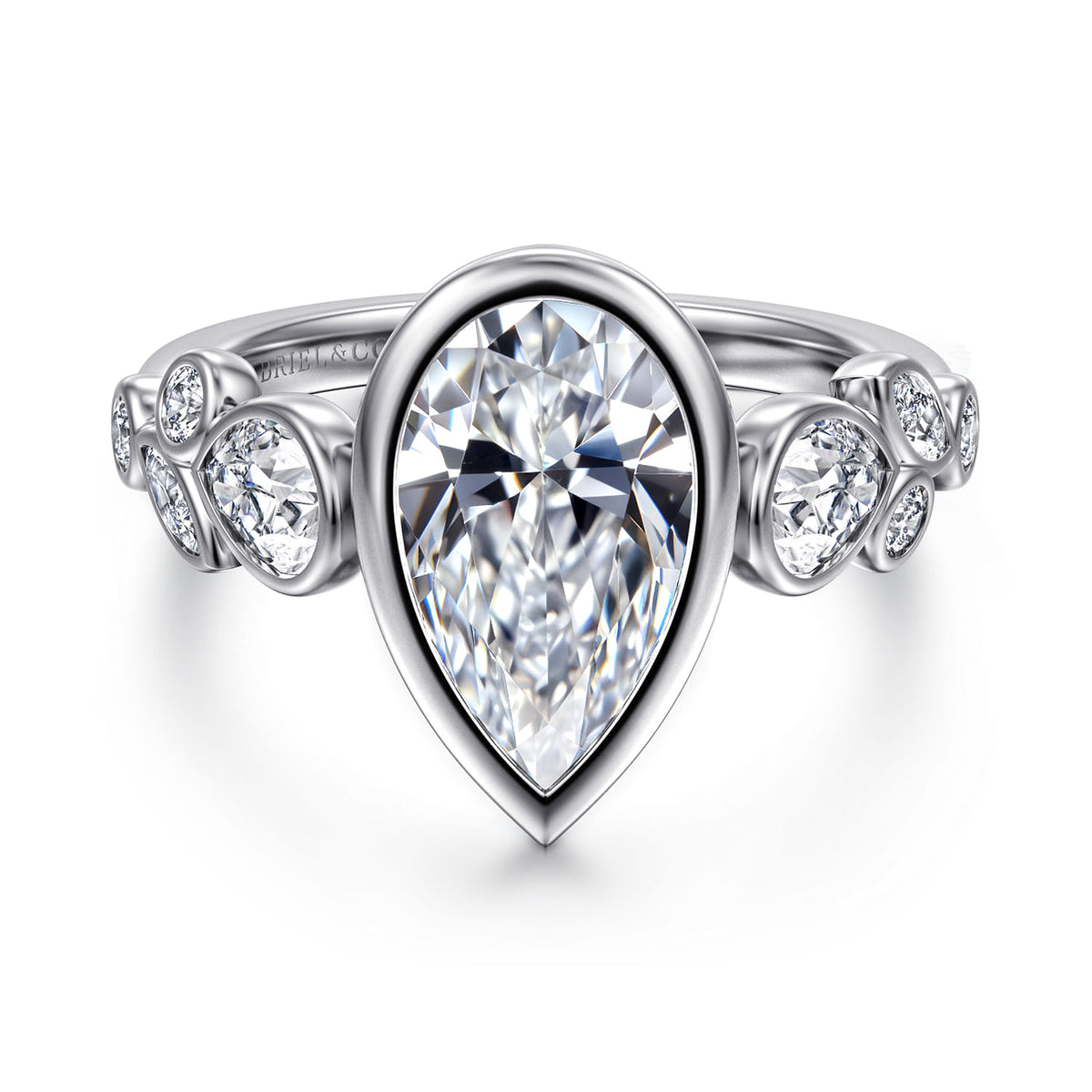 14K White Gold Pear Shape Three Stone Bezel Diamond Engagement Ring — Gabriel & Co. ER17095P10W44JJ; center stone shown for illustration, not included