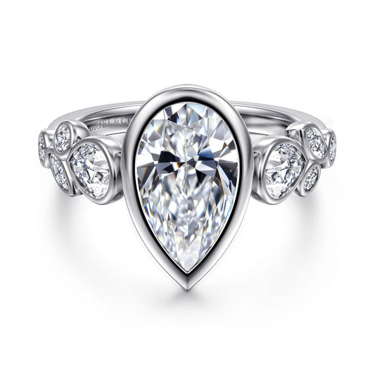 14K White Gold Pear Shape Three Stone Bezel Diamond Engagement Ring — Gabriel & Co. ER17095P10W44JJ; center stone shown for illustration, not included