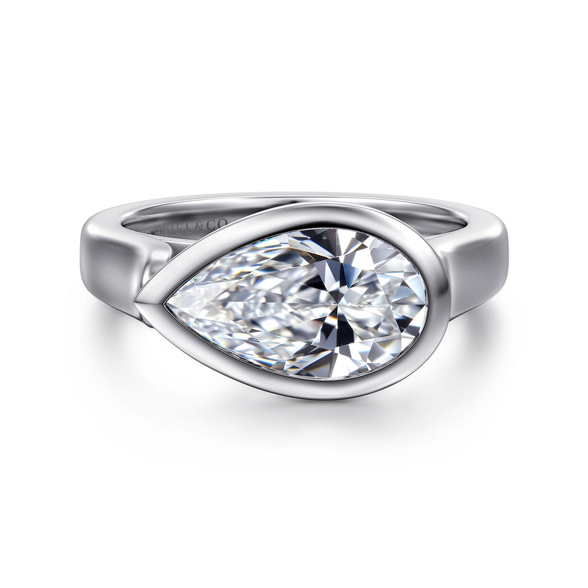 14K White Gold Pear Shape Bezel Set Solitaire Diamond Engagement Ring — Gabriel & Co. ER17096P10W4JJJ; center stone shown for illustration, not included