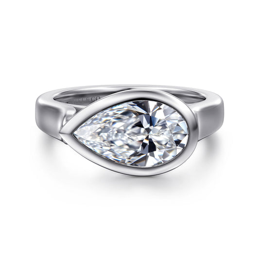 14K White Gold Pear Shape Bezel Set Solitaire Diamond Engagement Ring — Gabriel & Co. ER17096P10W4JJJ; center stone shown for illustration, not included
