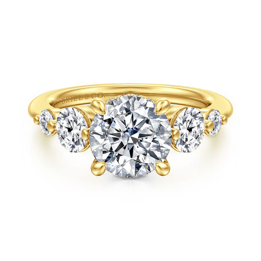 14K Yellow Gold Round Three Stone Diamond Engagement Ring — Gabriel & Co. ER17097R8Y44JJ; center stone shown for illustration, not included