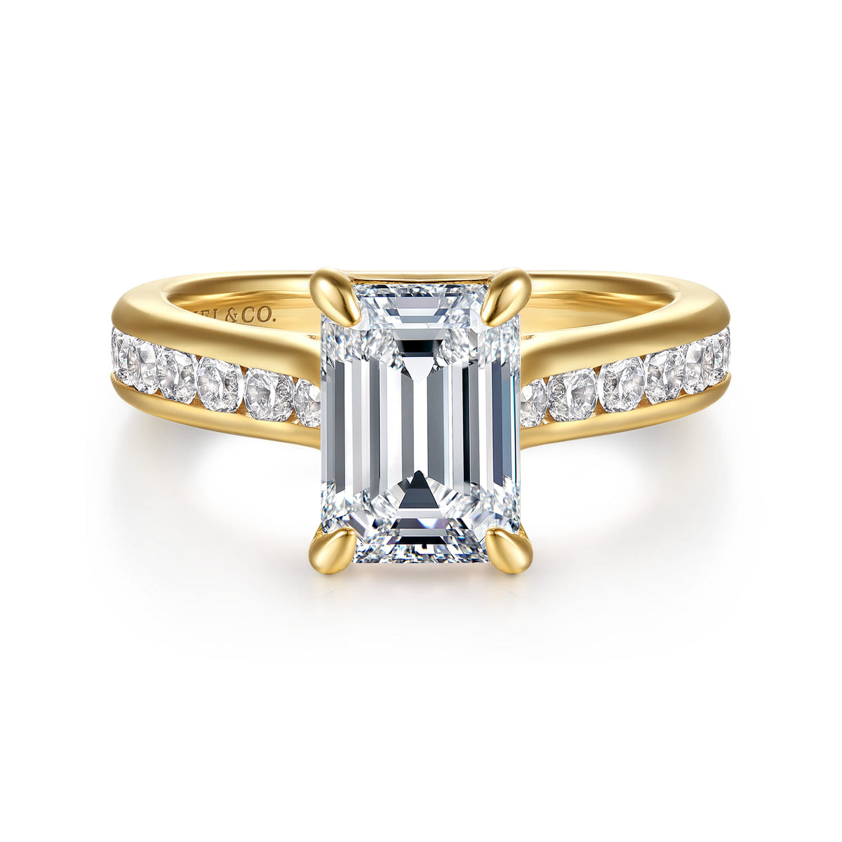 14K Yellow Gold Emerald Cut Diamond Engagement Ring — Gabriel & Co. ER17098E8Y44JJ; center stone shown for illustration, not included