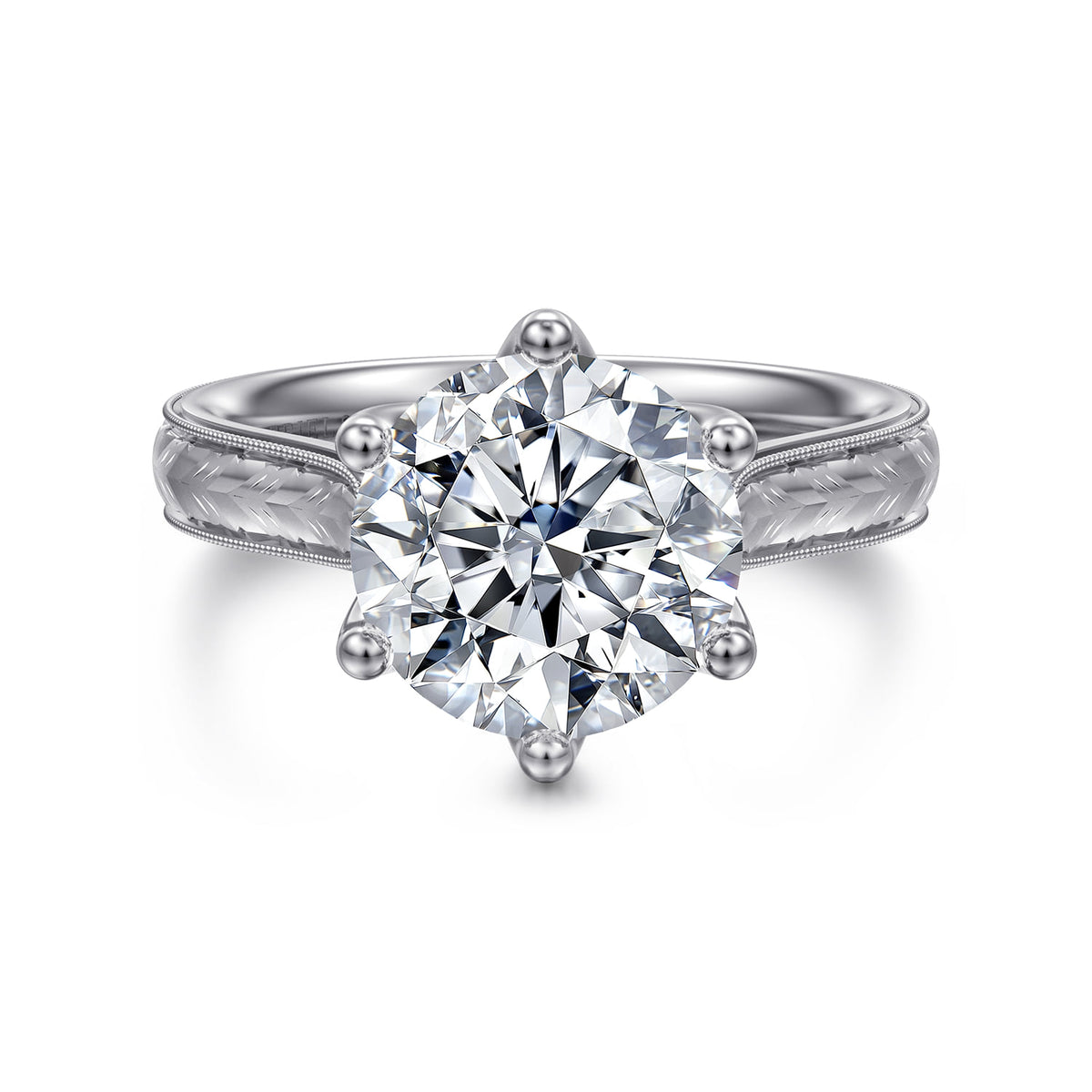 Vintage Inspired 14K White Gold Round Solitaire Diamond Engagement Ring — Gabriel & Co. ER17103R12W4JJJ; center stone shown for illustration, not included