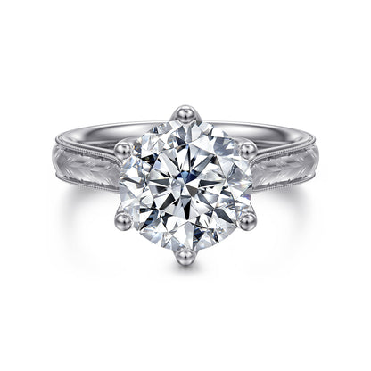 Vintage Inspired 14K White Gold Round Solitaire Diamond Engagement Ring — Gabriel & Co. ER17103R12W4JJJ; center stone shown for illustration, not included