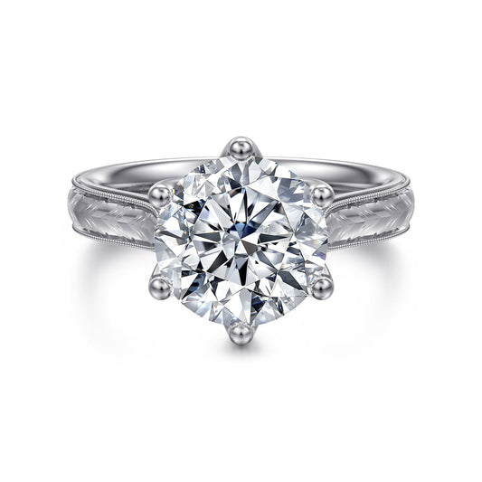 Vintage Inspired 14K White Gold Round Solitaire Diamond Engagement Ring — Gabriel & Co. ER17103R12W4JJJ; center stone shown for illustration, not included