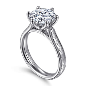 Vintage Inspired 14K White Gold Round Solitaire Diamond Engagement Ring — Gabriel & Co. ER17103R12W4JJJ; center stone shown for illustration, not included