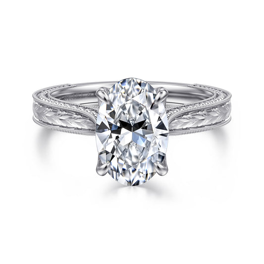 Vintage Inspired 14K White Gold Oval Solitaire Engagement Ring — Gabriel & Co. ER17104O8W44JJ; center stone shown for illustration, not included