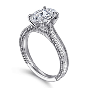 Vintage Inspired 14K White Gold Oval Solitaire Engagement Ring — Gabriel & Co. ER17104O8W44JJ; center stone shown for illustration, not included