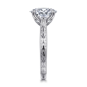Vintage Inspired 14K White Gold Oval Solitaire Engagement Ring — Gabriel & Co. ER17104O8W44JJ; center stone shown for illustration, not included
