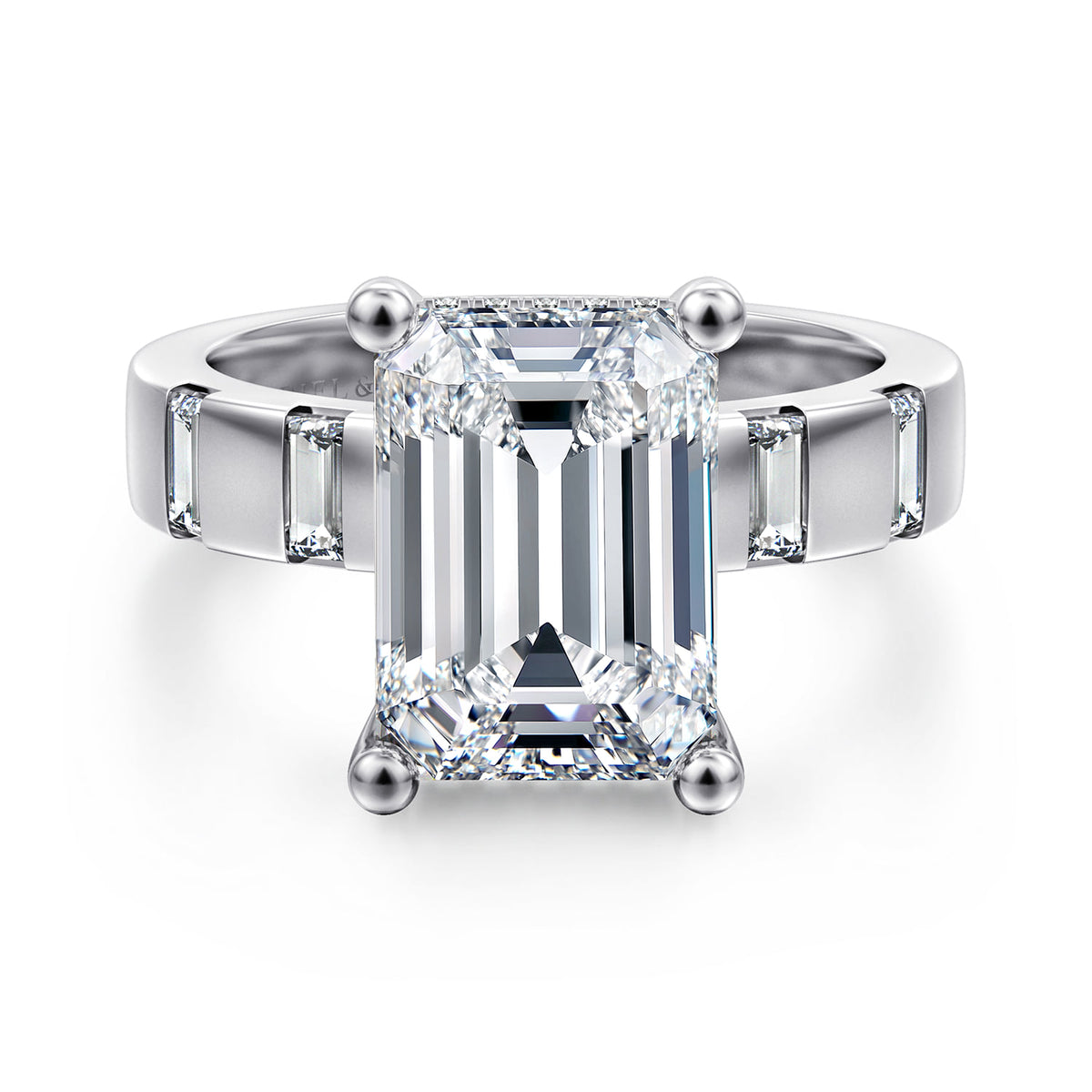14K White Gold Emerald Cut Diamond Engagement Ring — Gabriel & Co. ER17107E18W44JJ; center stone shown for illustration, not included