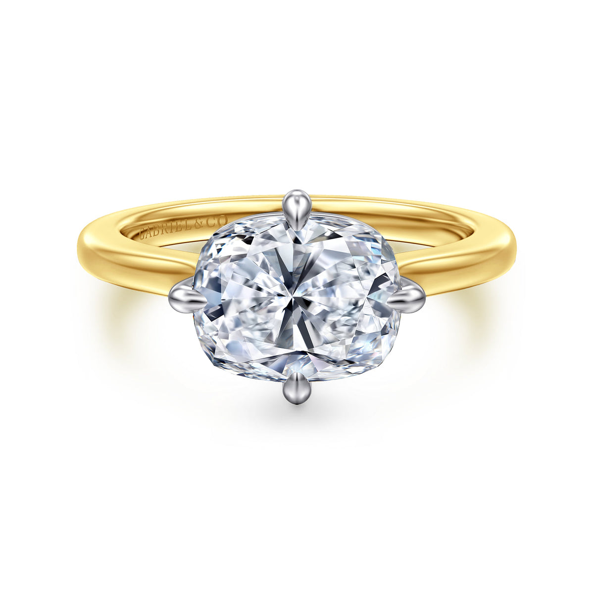 14K White-Yellow Gold East West Elongated Cushion Compass Prong Solitaire Diamond Engagement Ring — Gabriel & Co. ER17130G10M4JJJ; center stone shown for illustration, not included