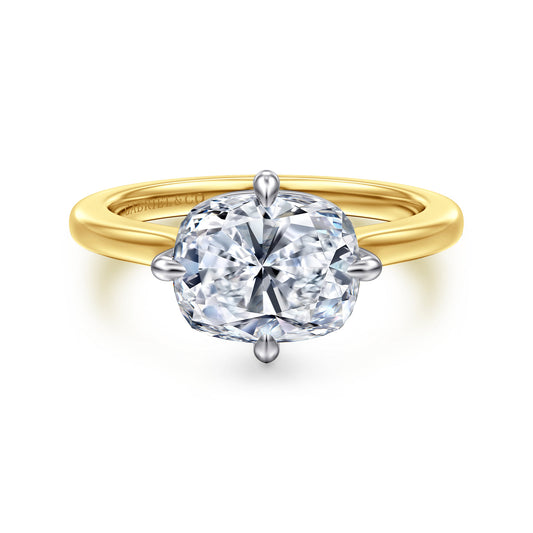 14K White-Yellow Gold East West Elongated Cushion Compass Prong Solitaire Diamond Engagement Ring — Gabriel & Co. ER17130G10M4JJJ; center stone shown for illustration, not included