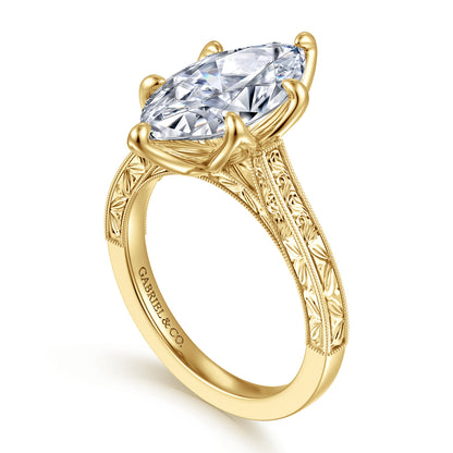 Vintage Inspired 14K Yellow Gold Marquise Solitaire Engagement Ring — Gabriel & Co. ER17134M13Y4JJJ; center stone shown for illustration, not included