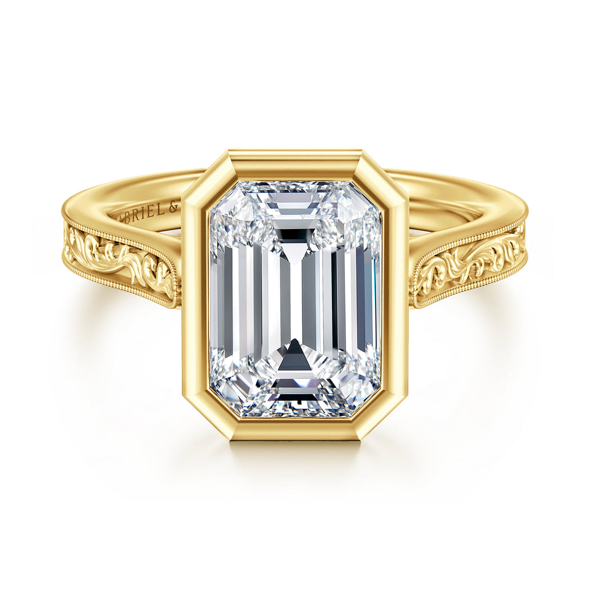 Vintage Inspired 14K Yellow Gold Emerald Cut Solitaire Diamond Engagement Ring — Gabriel & Co. ER17135E14Y4JJJ; center stone shown for illustration, not included