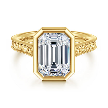 Vintage Inspired 14K Yellow Gold Emerald Cut Solitaire Diamond Engagement Ring — Gabriel & Co. ER17135E14Y4JJJ; center stone shown for illustration, not included