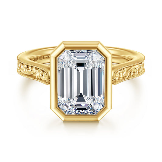 Vintage Inspired 14K Yellow Gold Emerald Cut Solitaire Diamond Engagement Ring — Gabriel & Co. ER17135E14Y4JJJ; center stone shown for illustration, not included