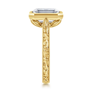 Vintage Inspired 14K Yellow Gold Emerald Cut Solitaire Diamond Engagement Ring — Gabriel & Co. ER17135E14Y4JJJ; center stone shown for illustration, not included