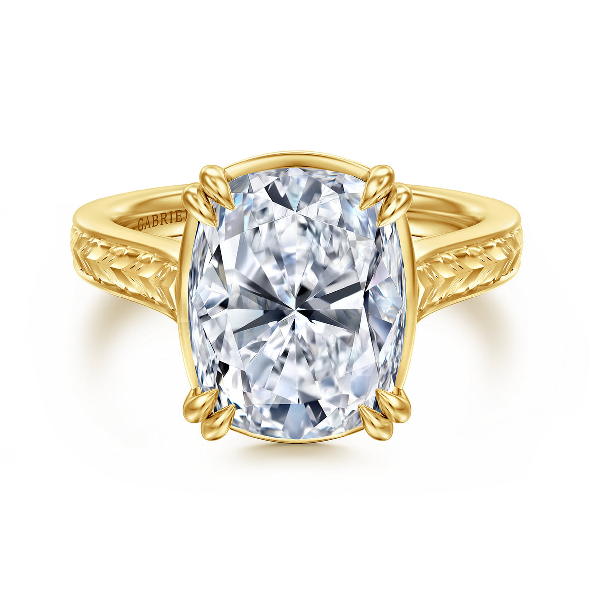 Vintage Inspired 14K Yellow Gold Elongated Cushion Solitaire Diamond Engagement Ring — Gabriel & Co. ER17136G20Y4JJJ; center stone shown for illustration, not included