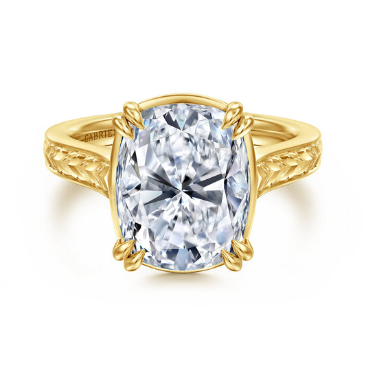 Vintage Inspired 14K Yellow Gold Elongated Cushion Solitaire Diamond Engagement Ring — Gabriel & Co. ER17136G20Y4JJJ; center stone shown for illustration, not included