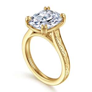 Vintage Inspired 14K Yellow Gold Elongated Cushion Solitaire Diamond Engagement Ring — Gabriel & Co. ER17136G20Y4JJJ; center stone shown for illustration, not included