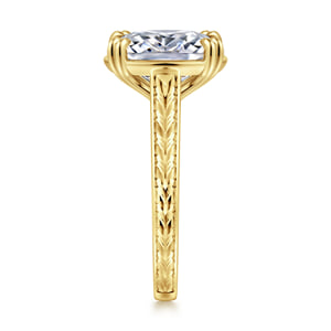 Vintage Inspired 14K Yellow Gold Elongated Cushion Solitaire Diamond Engagement Ring — Gabriel & Co. ER17136G20Y4JJJ; center stone shown for illustration, not included