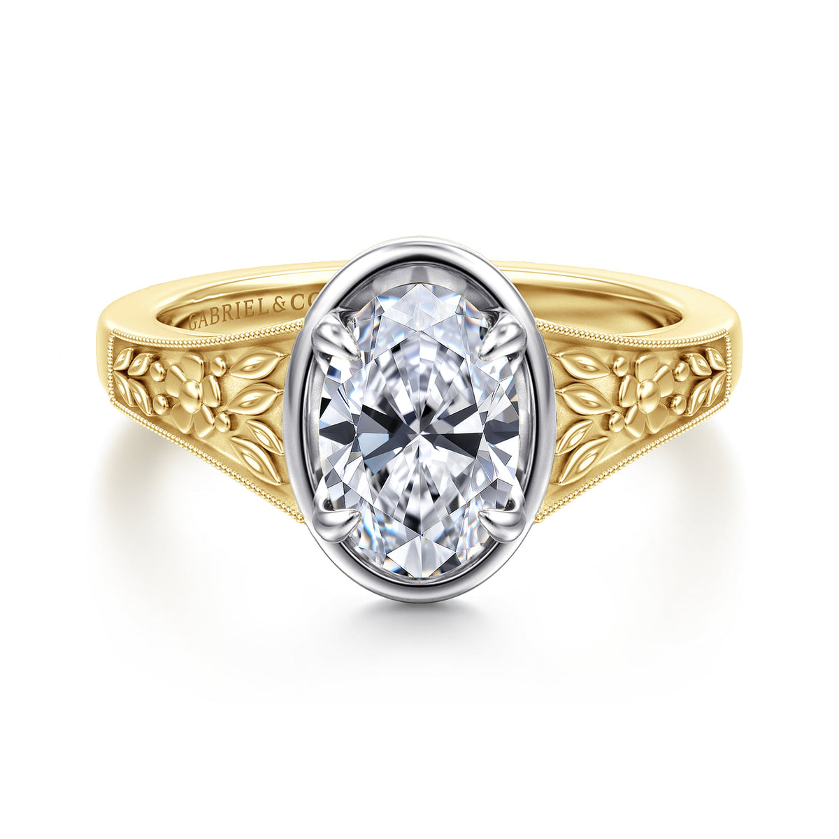 Vintage Inspired 14K White-Yellow Gold Oval Solitaire Diamond Engagement Ring — Gabriel & Co. ER17137O6M4JJJ; center stone shown for illustration, not included